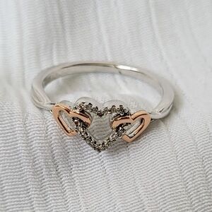 Sterling Silver Ring with Diamonds And 10k Rose Gold Heart Accents Ring Sz 7